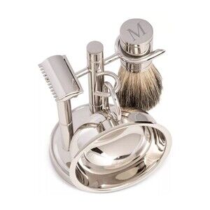 Bey-Berk Men's Chrome Monogrammed Safety Razor & Brush Set